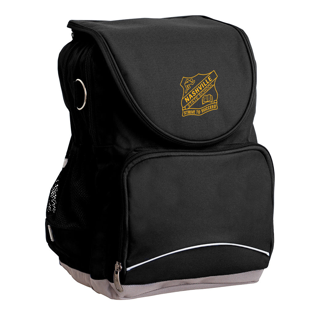 Harlequin Ergo Tuff-Pack in black with Nashville State School logo in gold.