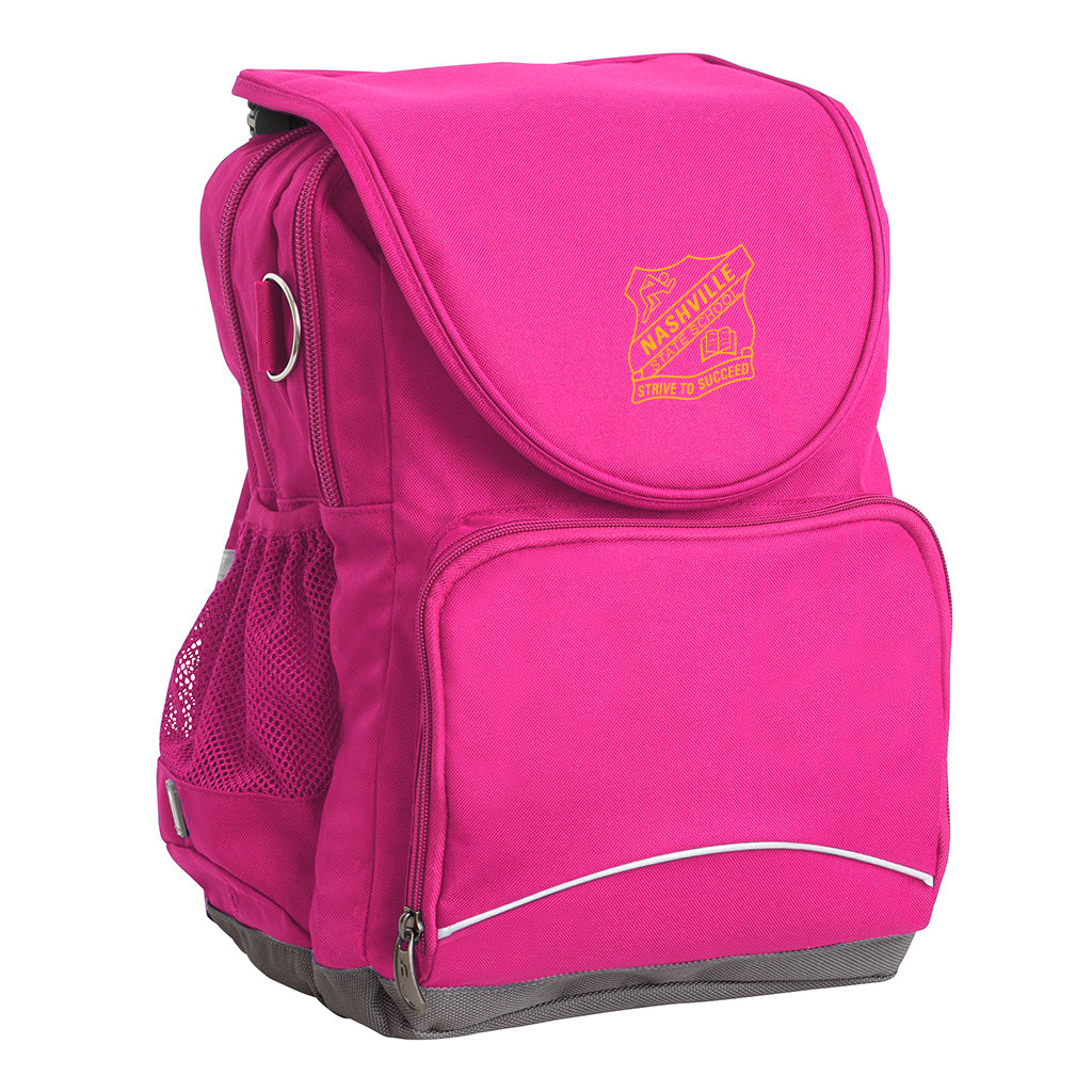 Harlequin Ergo Tuff-Pack shown in pink, side angle, with front pocket, drink bottle holder and Nashville State School logo on the flap.