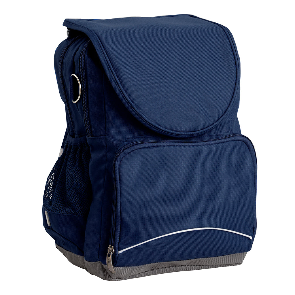 Harlequin Ergo Tuff-Pack shown in navy blue, side angle and front pocket.