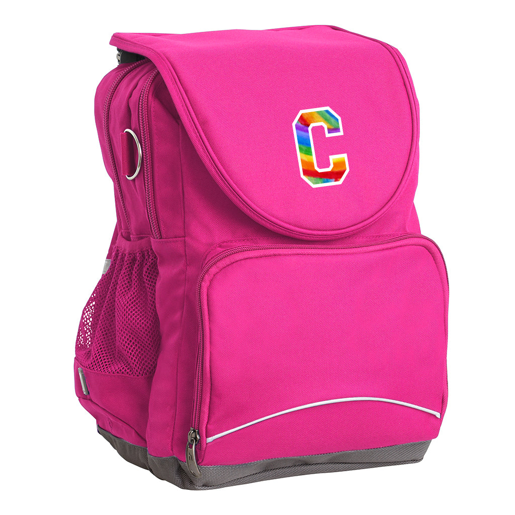 Harlequin Ergo Tuff-Pack backpack in hot pink front side angle, padded shoulder straps, two zipper compartments, front zipper pocket, D ring and mesh water bottle holder with personalised design