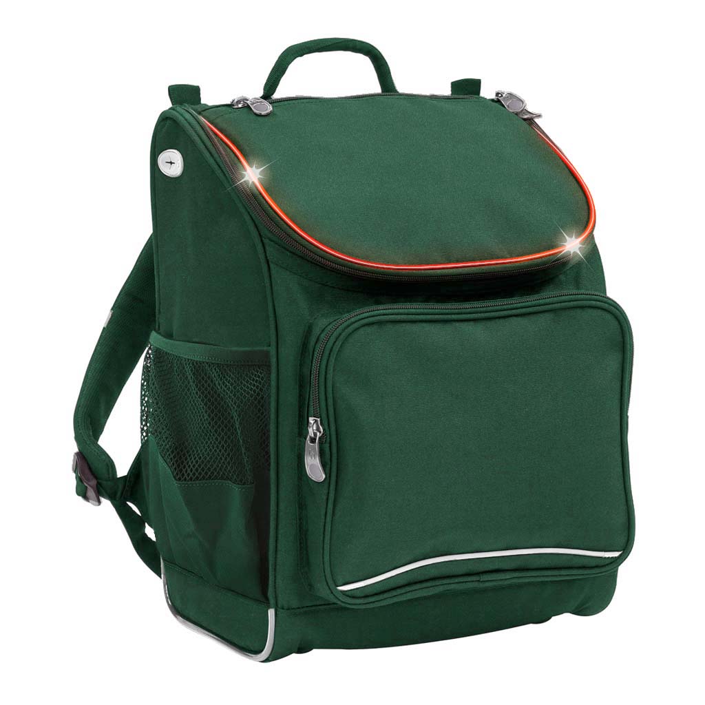 Harlequin VIVID Mighty in Green front side angle displaying carry handle, padded shoulder straps, top zipper compartment with flashing LED, front zipper pocket, headphone port and mesh water bottle holder
