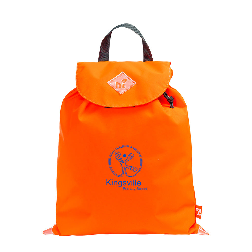 Harlequin Hi-Viz orange eco excursion bag front angle view displaying handle, velcro fastening with drawstring toggle and reflective safety corners with Kingsville logo