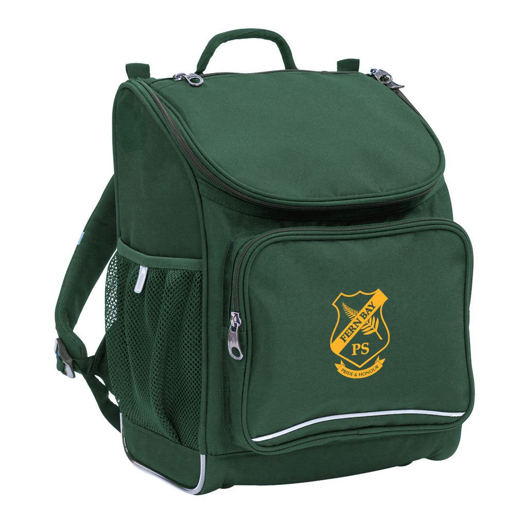 Mighty backpack in colour Green, front side angle displaying carry handle, padded shoulder straps, top zipper compartment, front zipper pocket and mesh water bottle holder with Fern Bay Public School logo