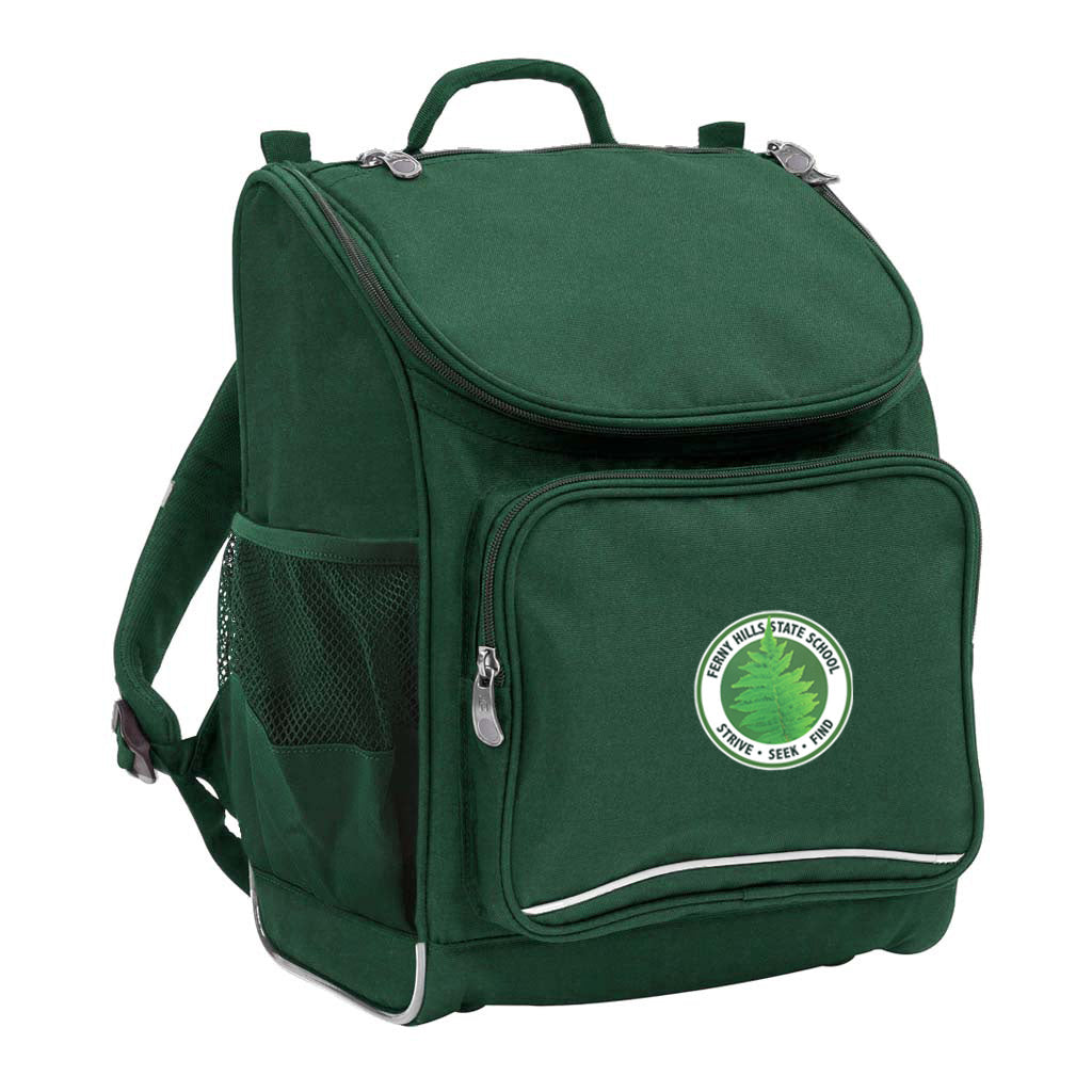 Mighty backpack in colour Green, front side angle displaying carry handle, padded shoulder straps, top zipper compartment, front zipper pocket and mesh water bottle holder with Ferny Hills State School logo