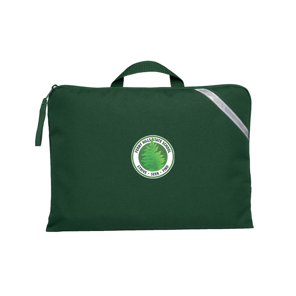 Bottle Green Q Book Bag, with single zip opening, handle and reflective strips and Ferny Hills State School logo