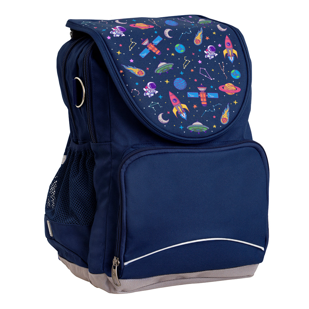 Harlequin Ergo Tuff-Pack backpack in Navy with Galaxy Girl design from the Harlequin Creatix signature series. Front side angle, padded shoulder straps, two zipper compartments, front zipper pocket, D-Ring and mesh water bottle.