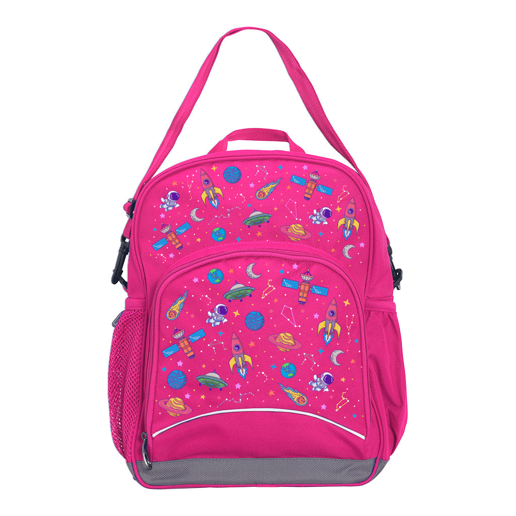 Harlequin Kindy Tuff-Pack in Pink. Front view showing a small front pocket with the Galaxy Girl design from the Harlequin Creatix signature series.