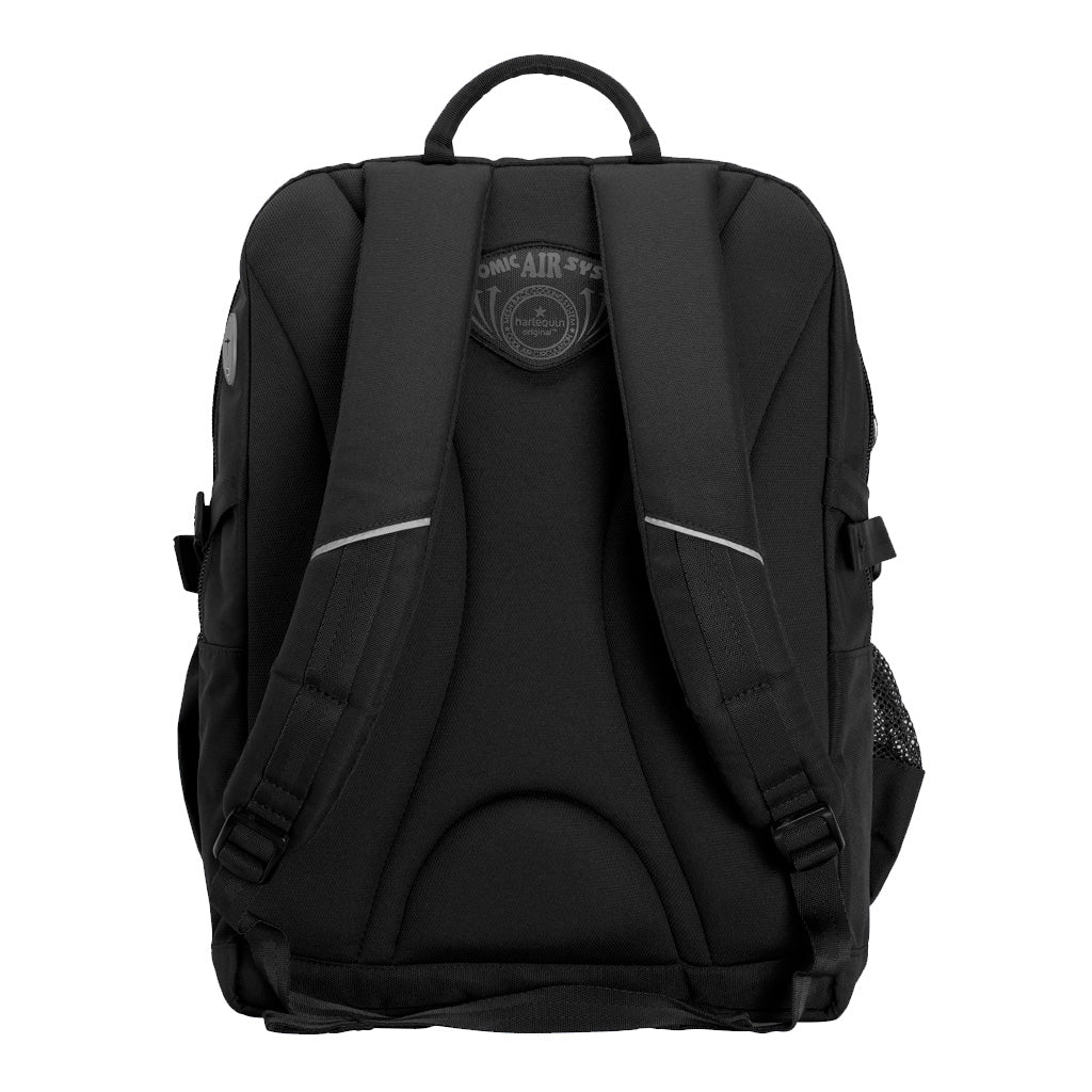 Black backpack back view with shoulder straps, buckles and padded back.