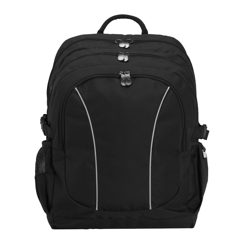 Black backpack with contoured front view with zippers, handle, buckles and three pockets