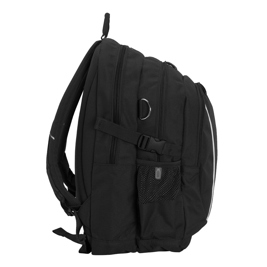 Black backpack side view with zippers, buckles and drink bottle mesh holder.