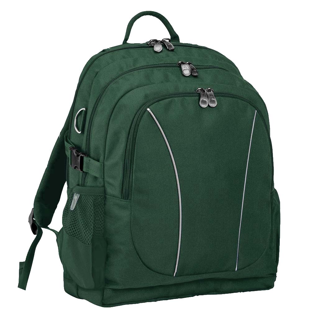 Bottle Green backpack front angle view with zippers, buckles and three pockets