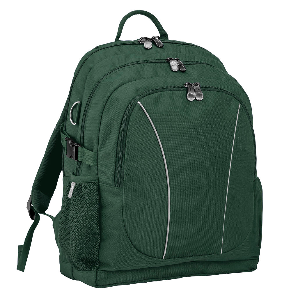 Bottle Green backpack front angle view with zippers, buckles and three pockets