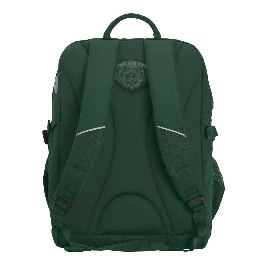 Bottle Green backpack back view with shoulder straps, buckles and padded back.