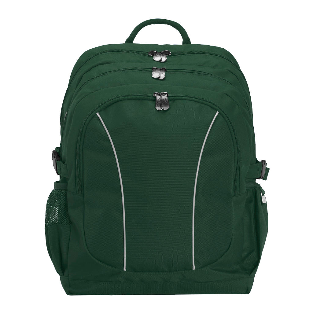 Bottle green backpack with contoured front view with zippers, handle, buckles and three pockets