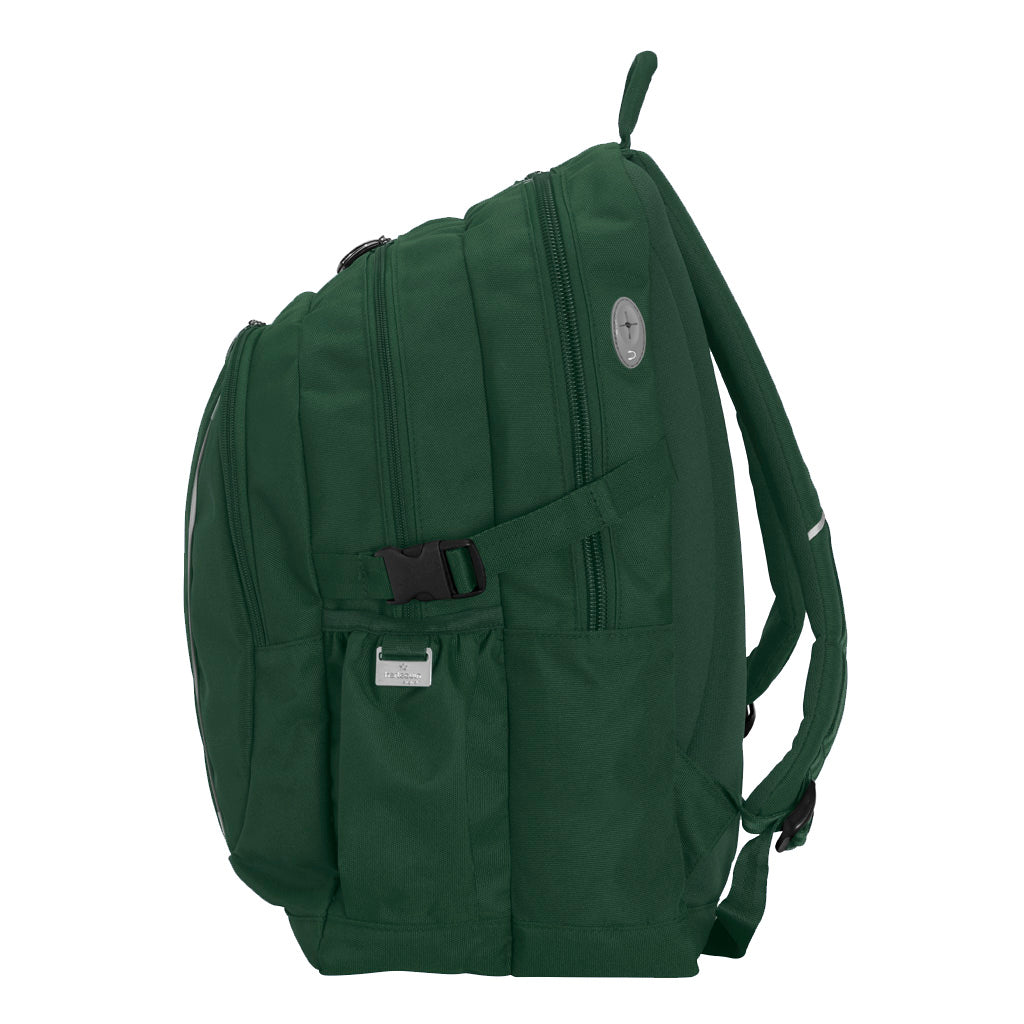 Bottle Green backpack side view with zippers, buckles, side pocket and earphone loop