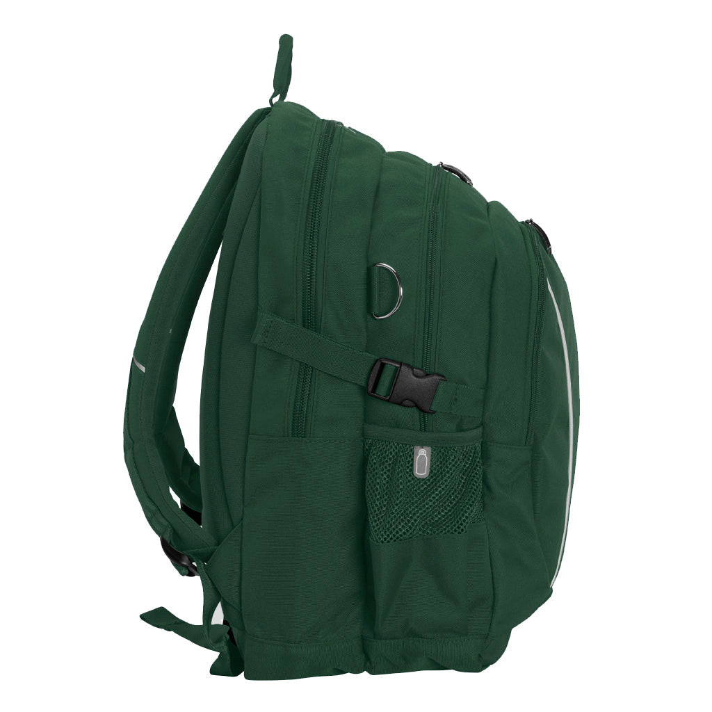 Bottle green backpack side view with zippers, buckles and drink bottle mesh holder.