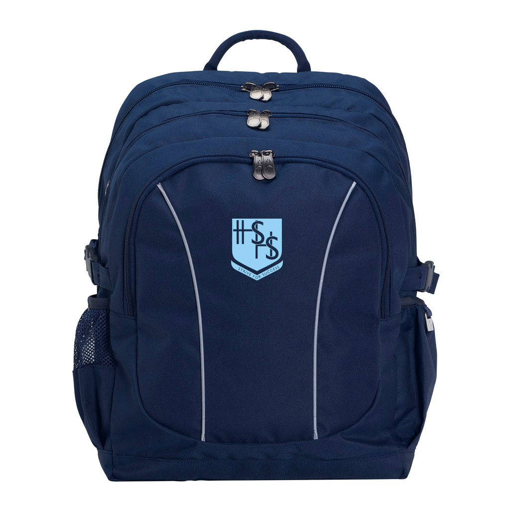 Holroyd High School front angle view of the Genius Backpack in colour Navy, featuring anatomical zippers, buckles, three pockets, reflective piping, retractable side support straps, water bottle pocket, and D-ring keychain holder