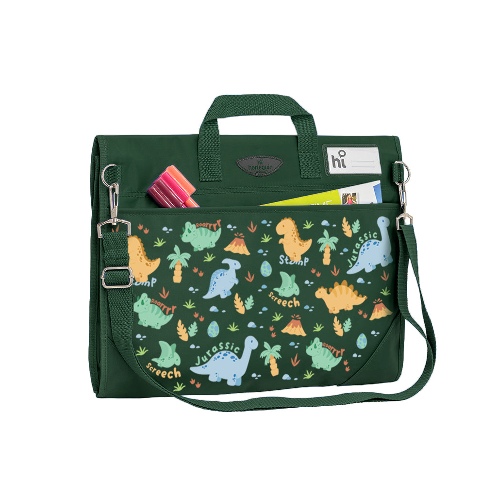 Harlequin Safety Library bag in Green with Jurassic design from the Harlequin Creatix Signature Series. Back angle view displaying carry handle, D-Rings, name card sleeve, side pocket, reinforced corners and shoulder strap.