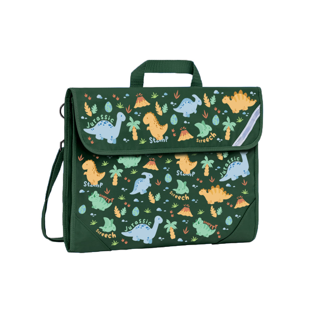 Harlequin Safety Library bag in Green with Jurassic design from the Harlequin Creatix Signature Series. Front angle view displaying carry handle, easy open velcro strap, reflector safety strip, reinforced corners and shoulder strap.
