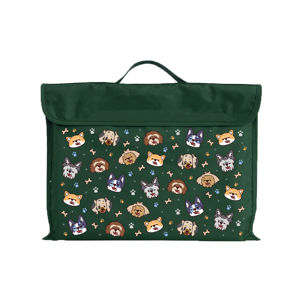 Harlequin Eco Library bag in Green with Puppy Pals design from the Harlequin Creatix Signature Series. Front view displaying carry handle, velcro flap opening, and PET recycled water repellent fabric.