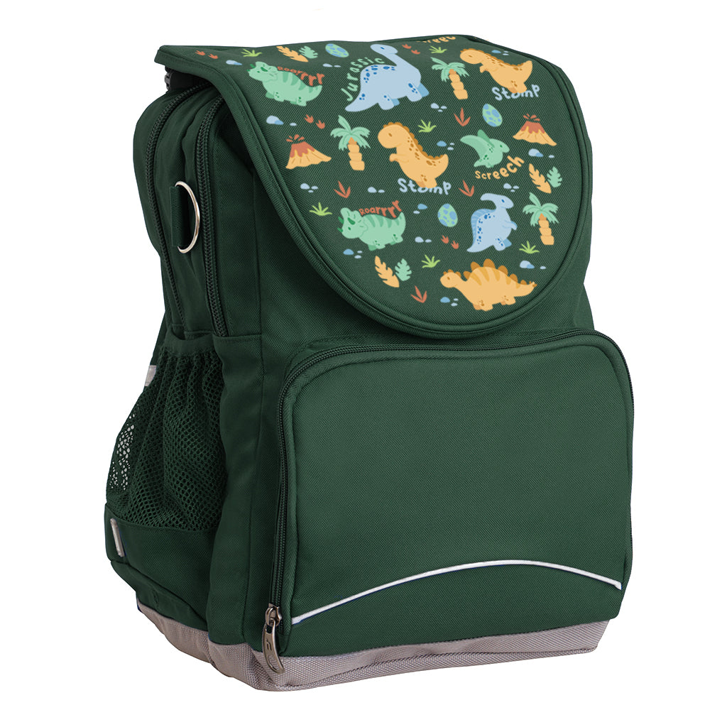 Harlequin Ergo Tuff-Pack backpack in Green with Jurassic design from the Harlequin Creatix signature series. Front side angle, padded shoulder straps, two zipper compartments, front zipper pocket, D-Ring and mesh water bottle.
