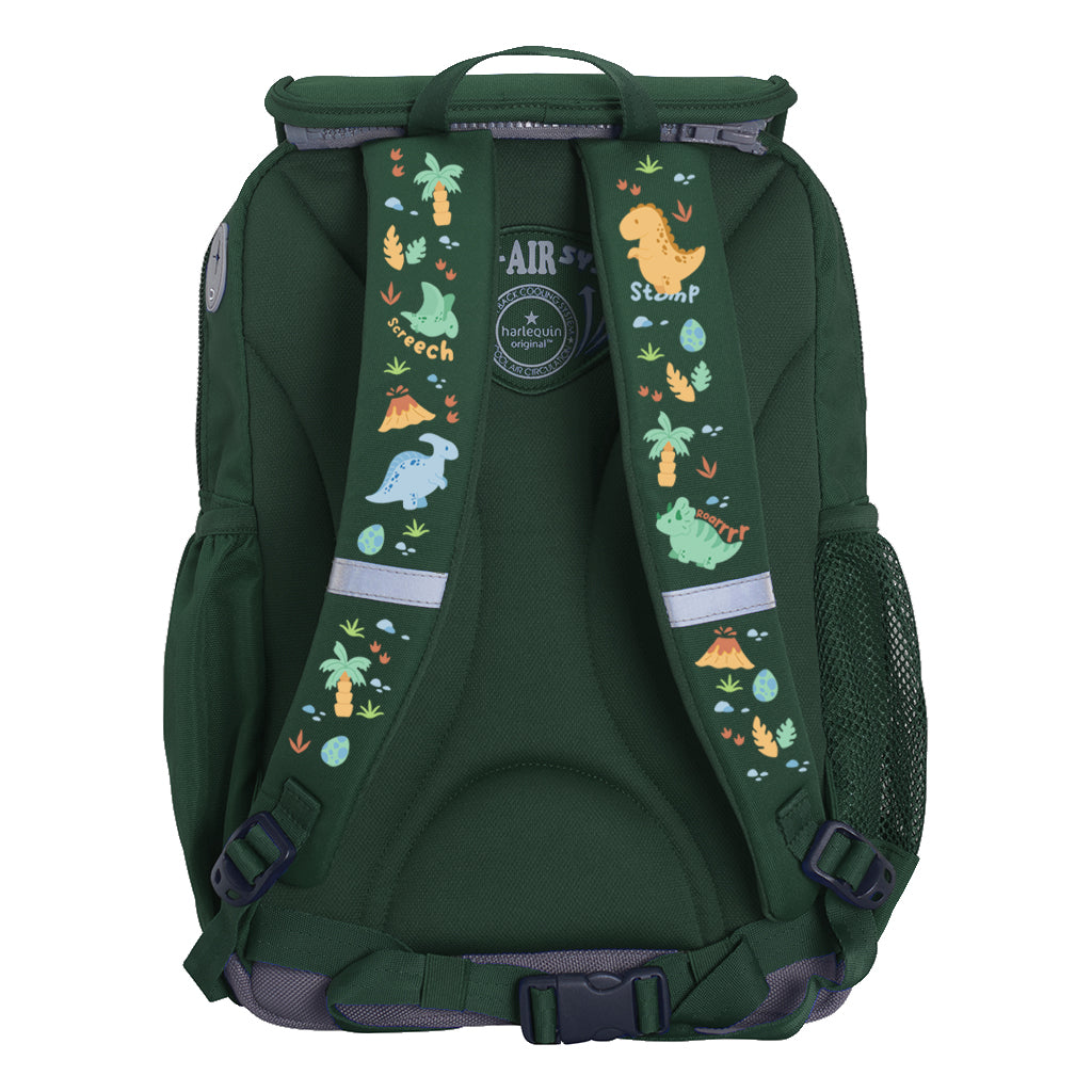 Harlequin Ergo Tuff-Pack backpack in Green with Jurassic design from the Harlequin Creatix signature series. Back view showcasing the Anatomic back panel, padded shoulder straps and waist strap.
