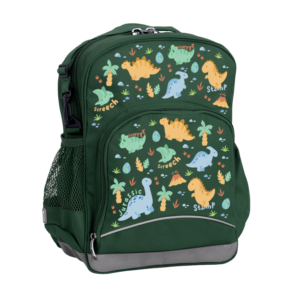 Harlequin Kindy Tuff-Pack Junior Backpack in Green with Jurassic design from the Harlequin Creatix signature series. Angled view showing front pocket, drink bottle pocket, and ergonomic shoulder strap.