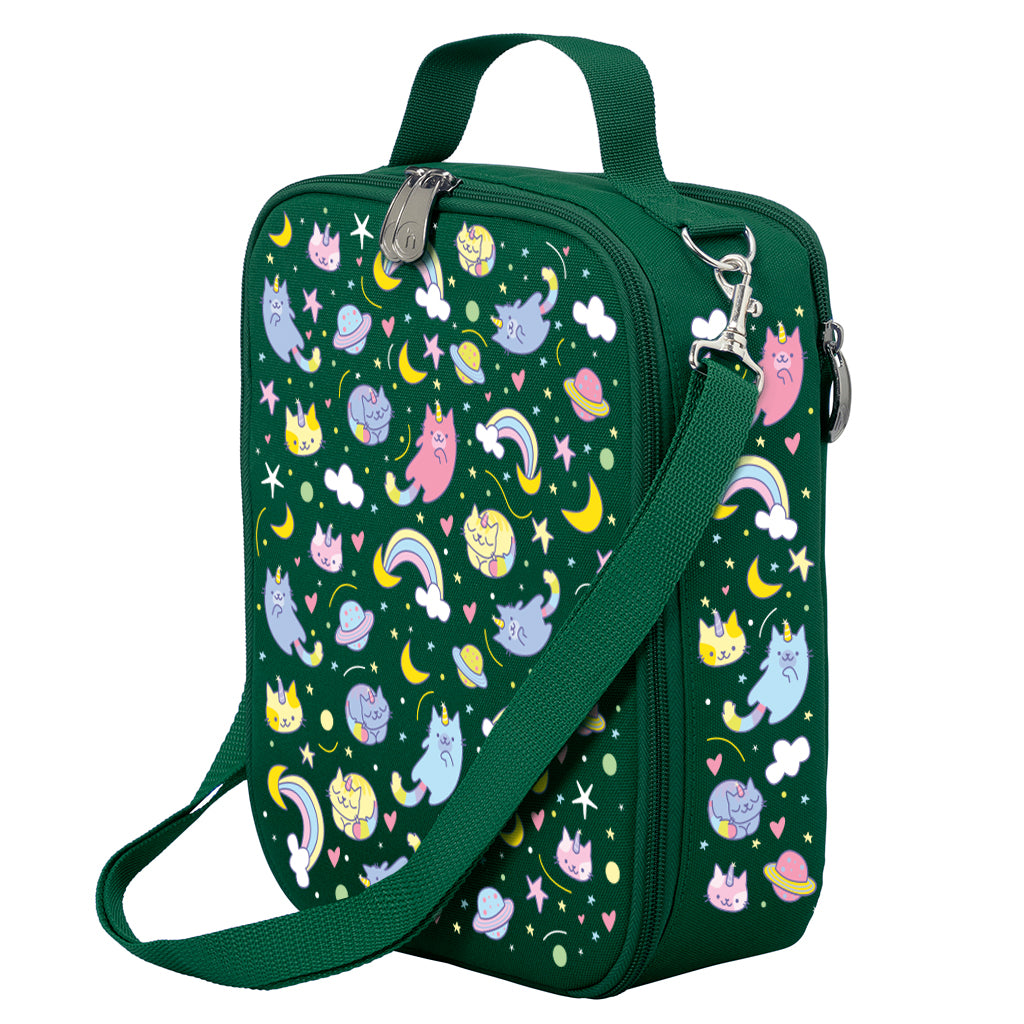Harlequin Large Lunch bag in Green with Kittycorn design from the Harlequin Creatix Signature Series. Front angle view displaying top handle, quality zippers and D-Rings with additional shoulder strap.