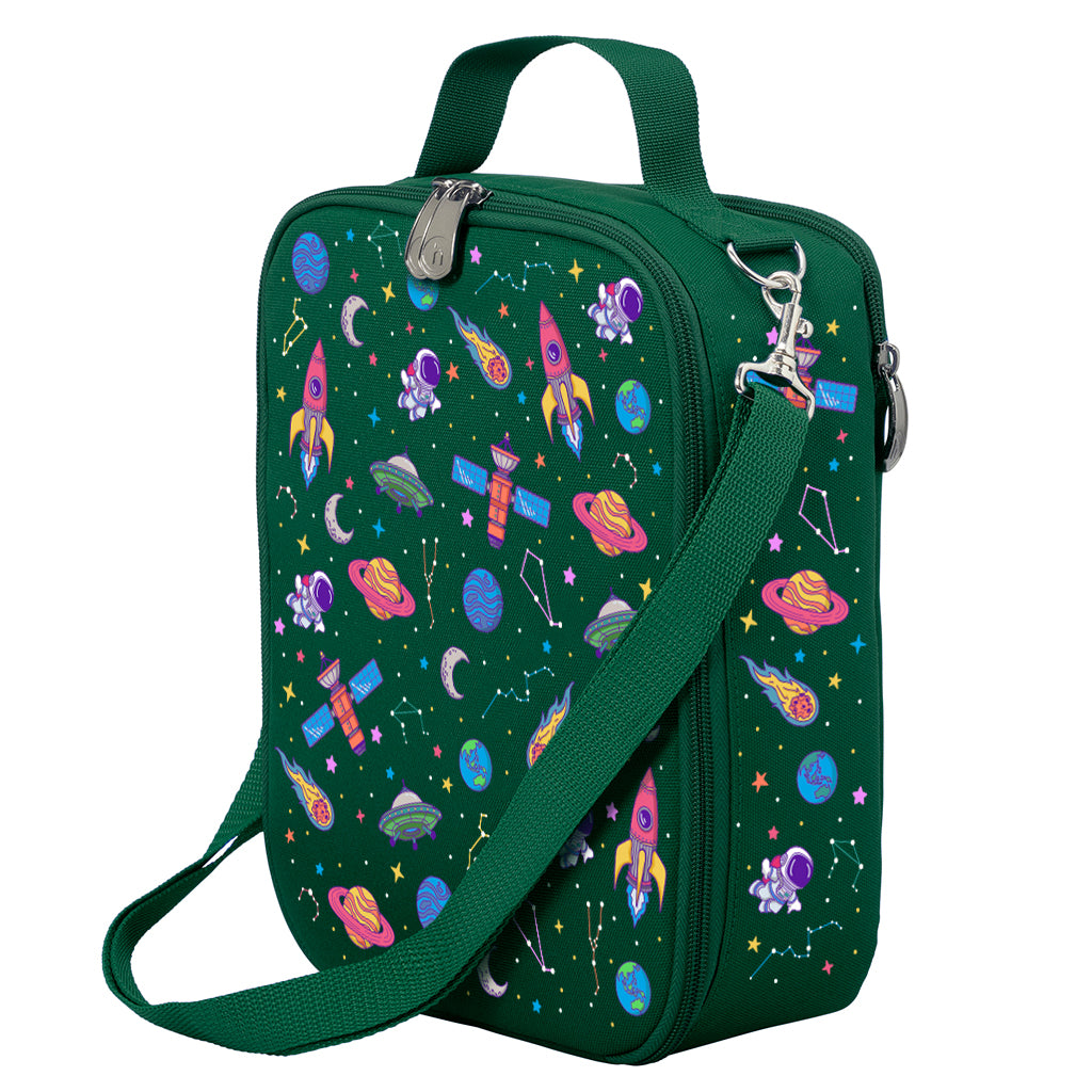 Harlequin Large Lunch bag in Green with Galaxy Girl design from the Harlequin Creatix Signature Series. Front angle view displaying top handle, quality zippers and D-Rings with additional shoulder strap.