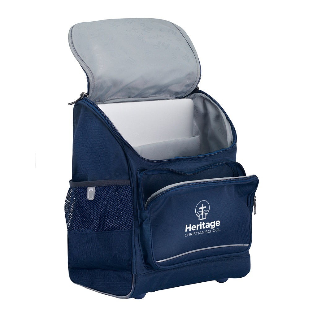 Harlequin Mighty in navy front side angle displaying carry handle, padded shoulder straps, top zipper compartment opened showing laptop sleeve, front zipper pocket, and mesh water bottle holder