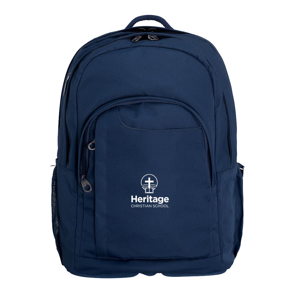 Harlequin Osteo in navy front displaying carry handle, two top zipper compartments, front pocket with two zip compartments, D ring , mesh water bottle holder and Heritage logo