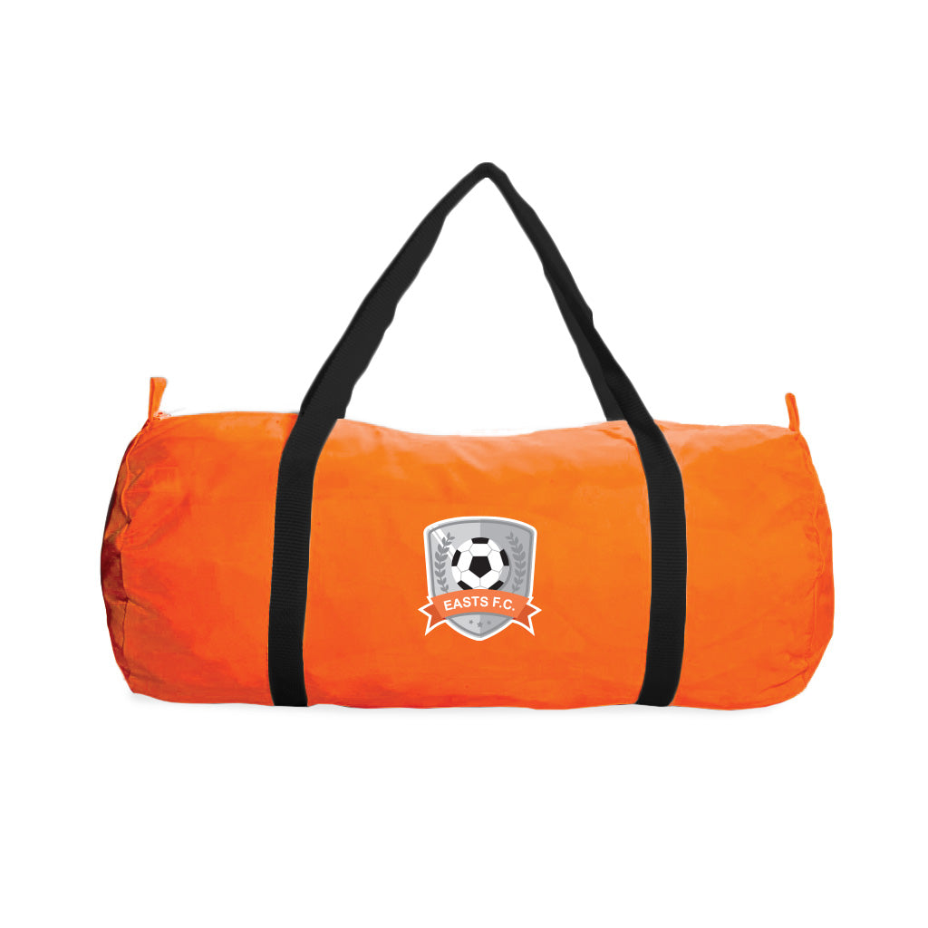 Hi-Viz orange Holdall duffle bag with black straps and a soccer shield personalised design