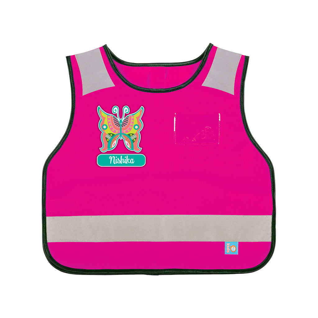 Harlequin Hi-Viz hot pink safety bib displaying reflective stripes and patches with a personalisation