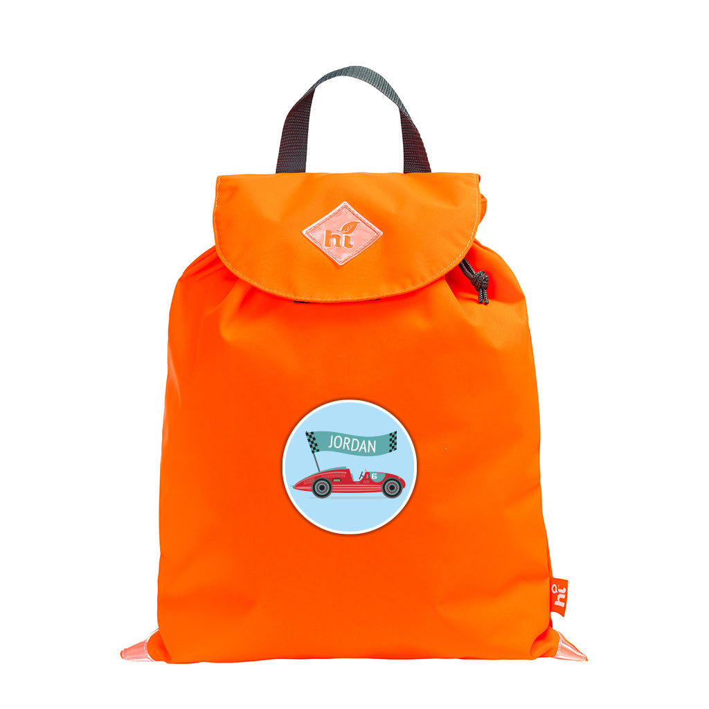 Harlequin Hi-Viz orange excursion bag displaying handle, Velcro fastening with drawstring toggle, Reflective safety corners and a personalised design