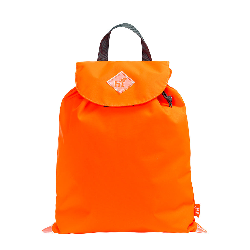 Harlequin Hi-Viz orange excursion dance bag front angle view displaying handle, velcro fastening with drawstring toggle and reflective safety corners