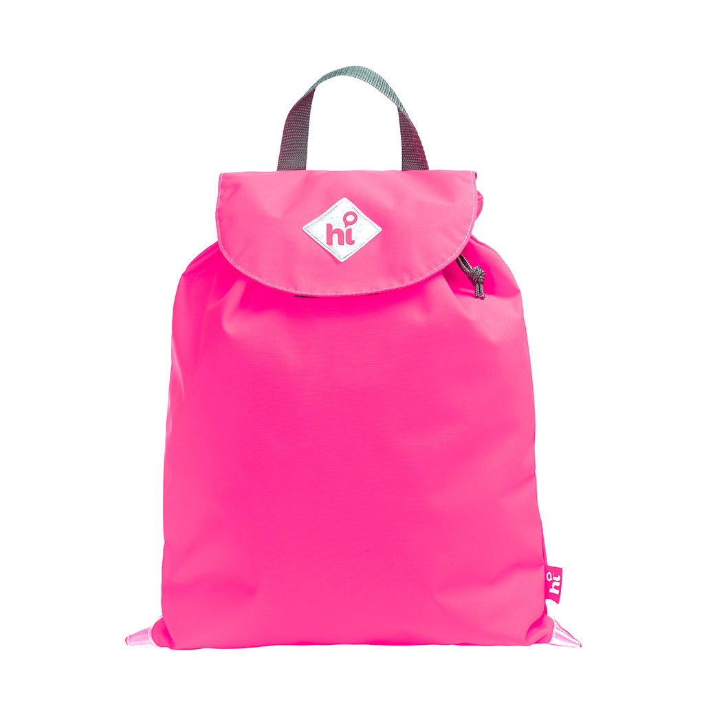 Harlequin Hi-Viz pink excursion bag front angle view displaying handle, velcro fastening with drawstring toggle and reflective safety corners