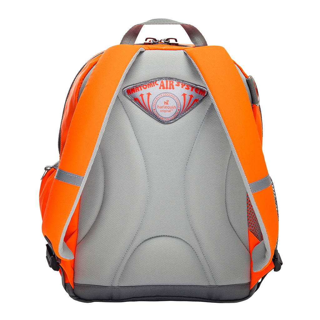 Orange Kindy Bag back view with shoulder straps and parent carrying strap