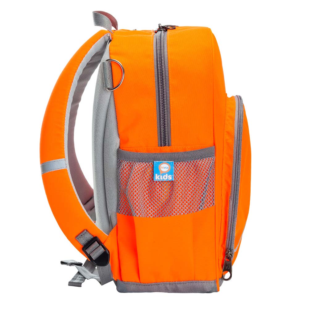 Hi-Viz orange Kindy Backpack side view with drink bottle holder