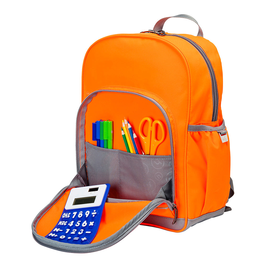 Hi-Viz orange Kindy Tuff-Pack front angle view showing a small front pocket open, carry handle, D-ring, mesh water bottle holder