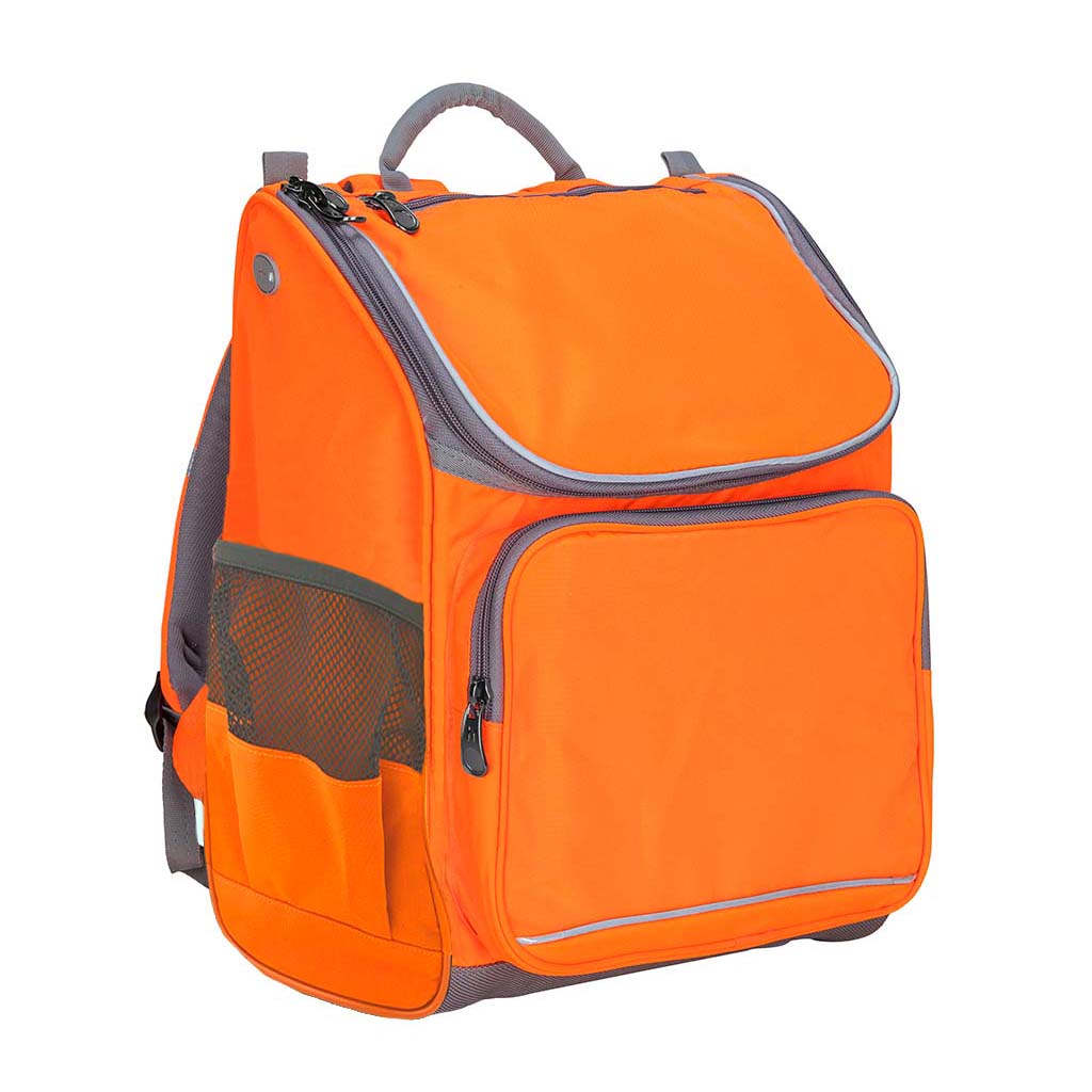 Harlequin Mighty in orange front side angle displaying carry handle, padded shoulder straps, top zipper compartment, front zipper pocket, headphone port and mesh water bottle holder