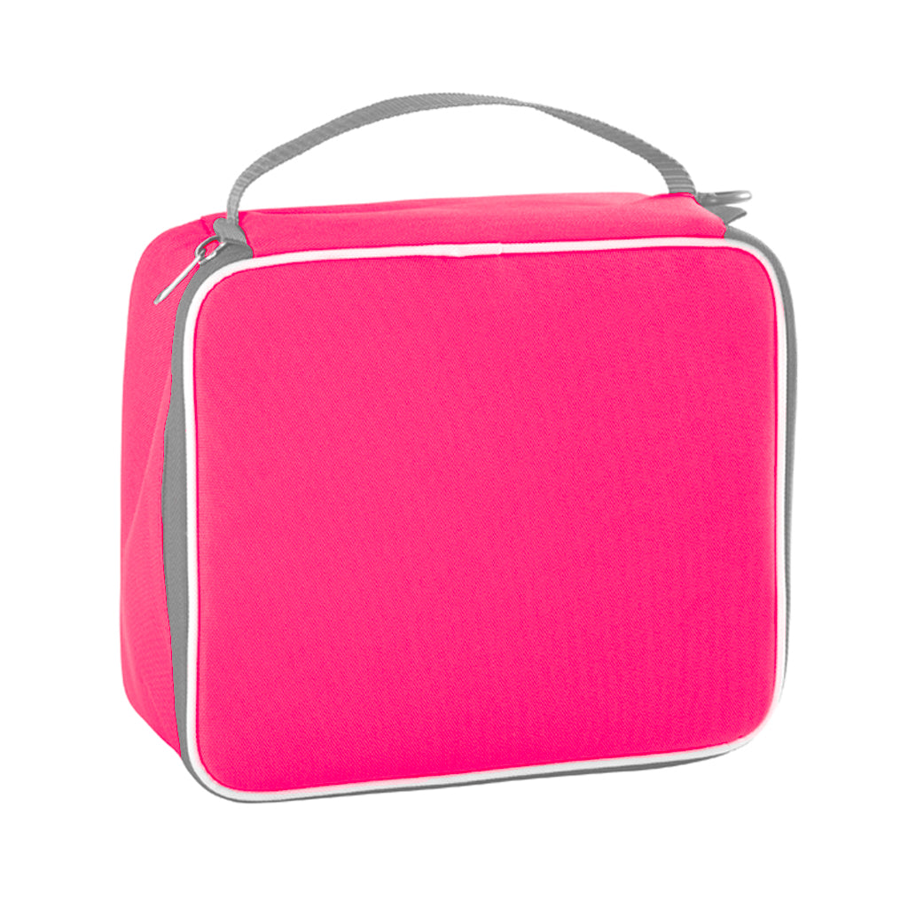 Harlequin lunch bag in Hi-Viz pink front side angle displaying carry handle, and durable water repellent material