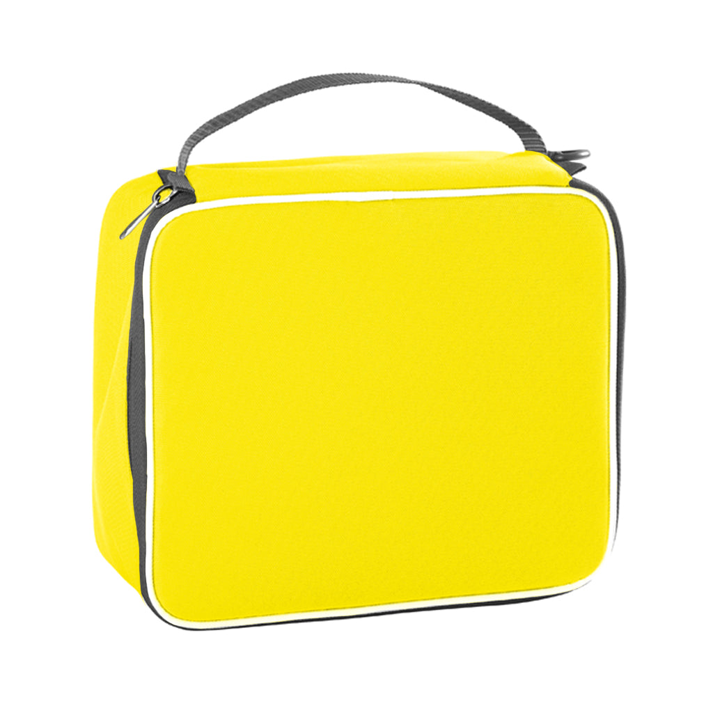 Harlequin lunch bag in Hi-Viz yellow front side angle displaying carry handle, and durable water repellent material