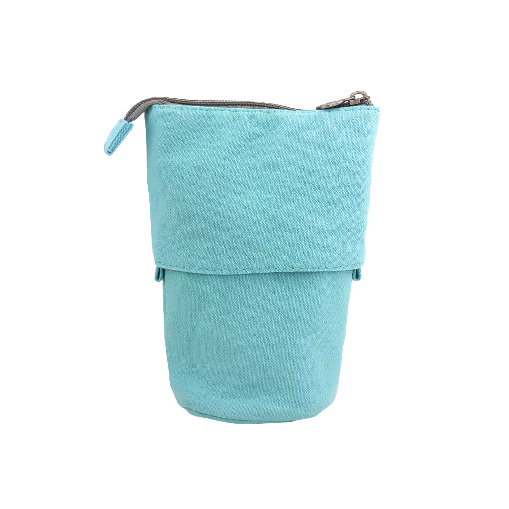Full back view of a Pop Up Telescopic Pencil Case in blue. The pencil case is in the up position and the zip is closed