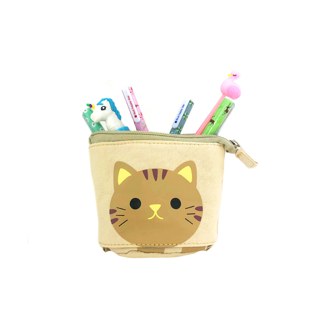 Pop Up Telescopic Pencil Case in beige with a cute mustard coloured cat design. The pencil case is open displaying an assortment of pens.