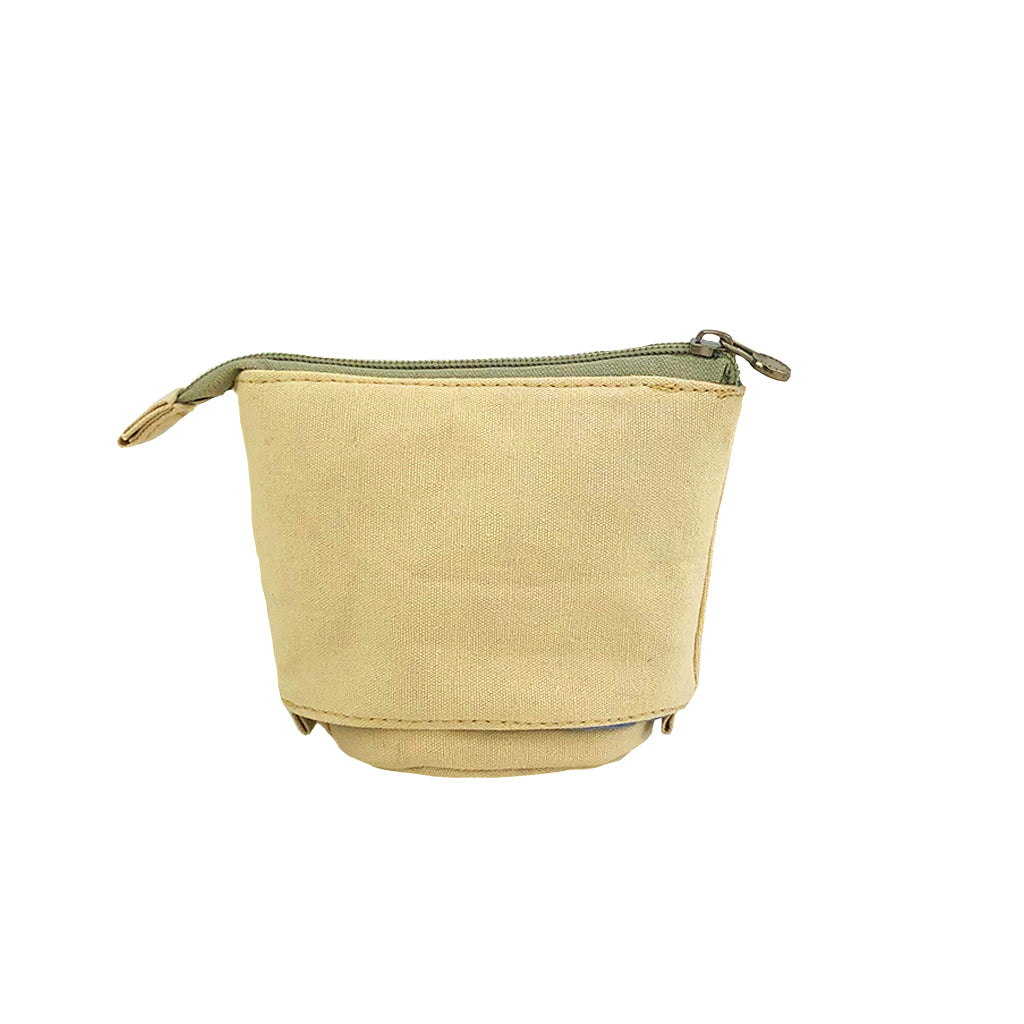 Back view of a Pop Up Telescopic Pencil Case in beige. The pencil case is in the down position and the zip is open