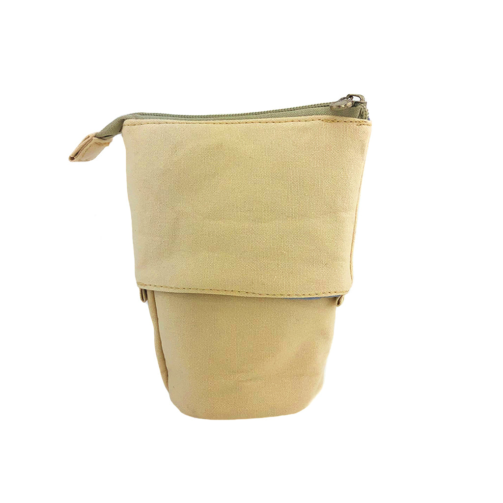 Full back view of a Pop Up Telescopic Pencil Case in beige. The pencil case is in the up position and the zip is closed