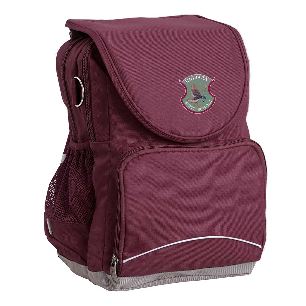 Jinibara State School Ergo Tuff-Pack backpack Maroon. Front side angle, padded shoulder straps, two zipper compartments, front zipper pocket, D-Ring and mesh water bottle.