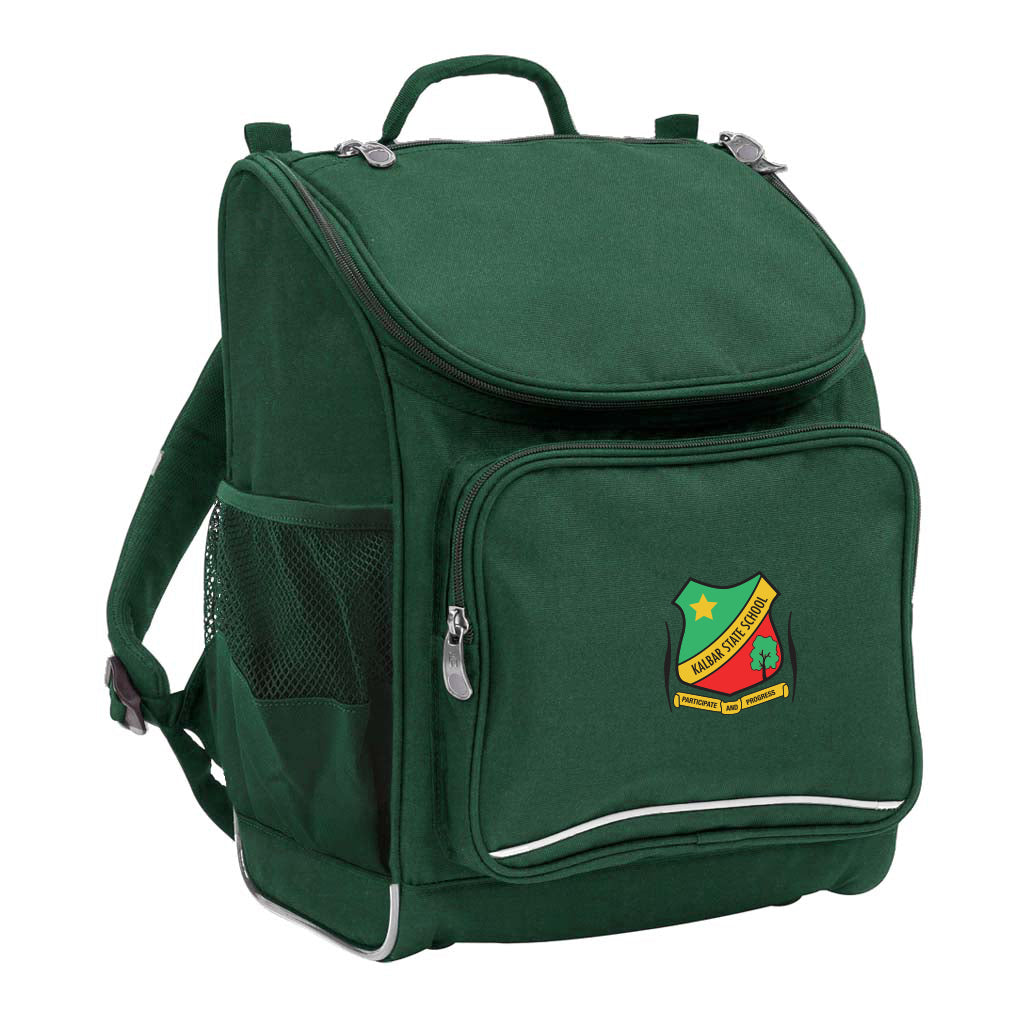 Mighty backpack in colour Green, front side angle displaying carry handle, padded shoulder straps, top zipper compartment, front zipper pocket and mesh water bottle holder with Kalbar State School logo