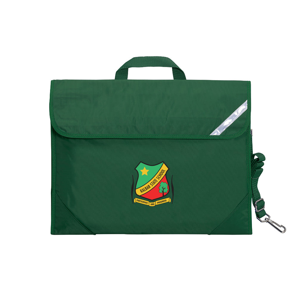 Harlequin Safety Library bag in Bottle Green displaying carry handle, velcro opening, shoulder strap, reflector safety strip, reinforced corners and Kalbar State School logo