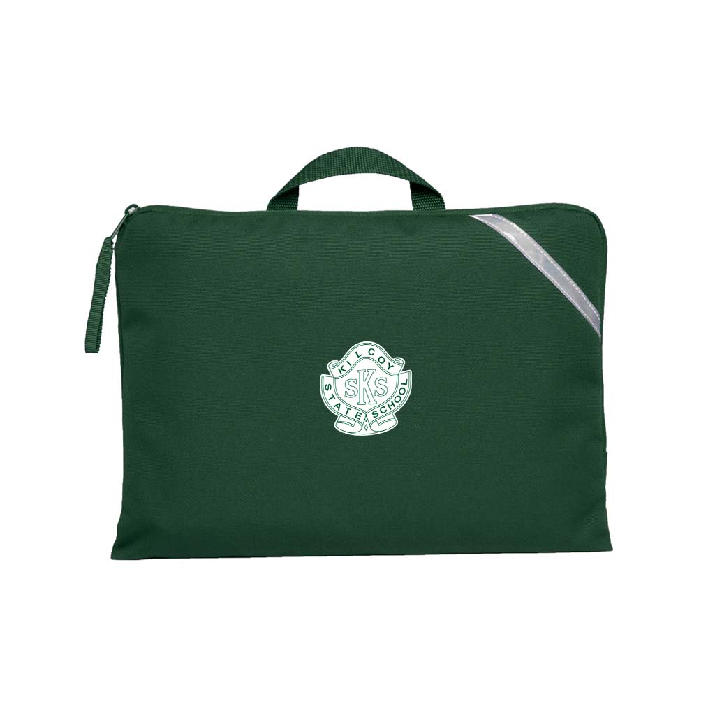 Bottle Green Q Book Bag, with single zip opening, handle and reflective strips and Kilcoy State School logo
